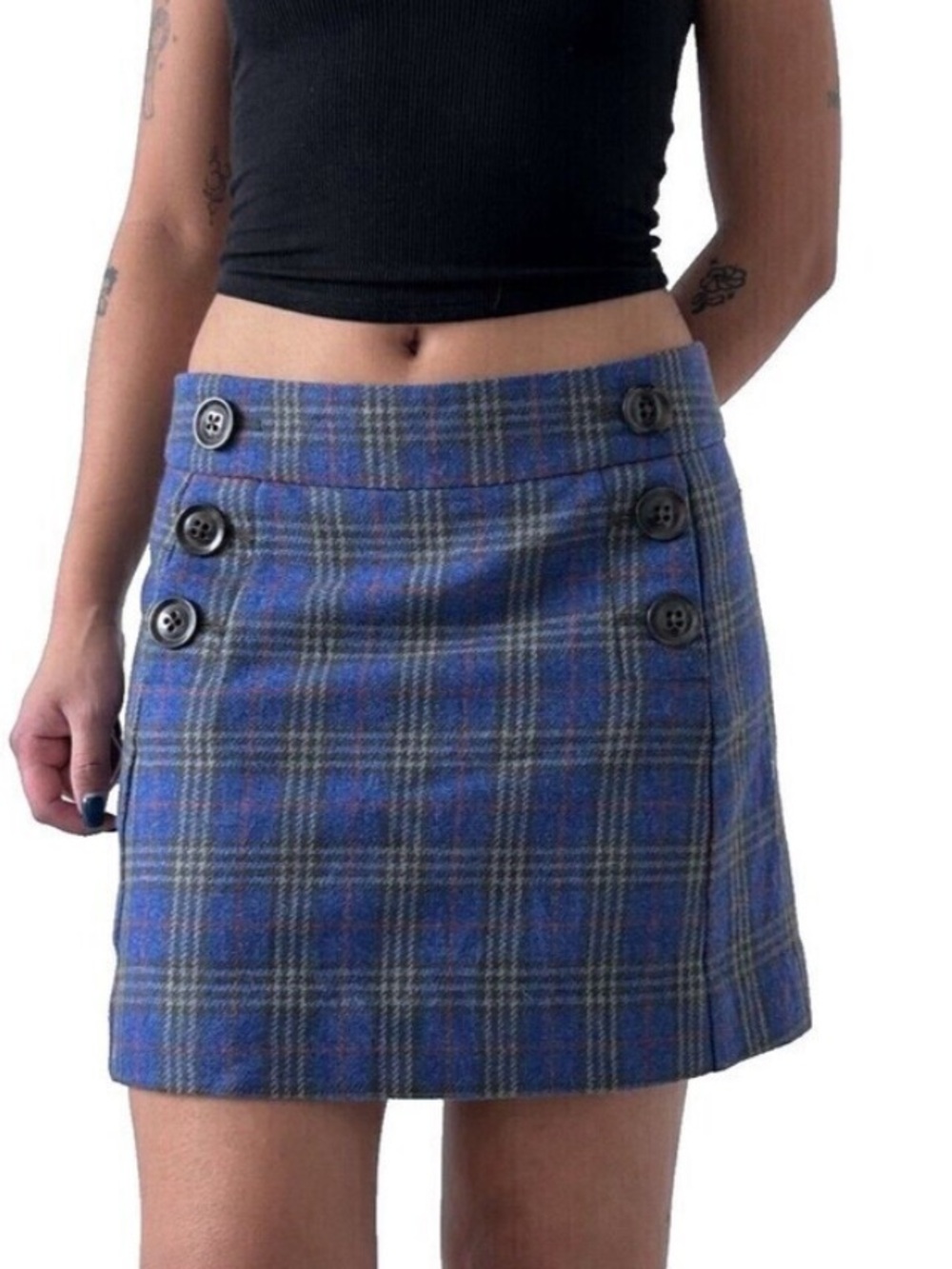 GAP Wool Blue Plaid Tartan Mini Skirt with Buttons